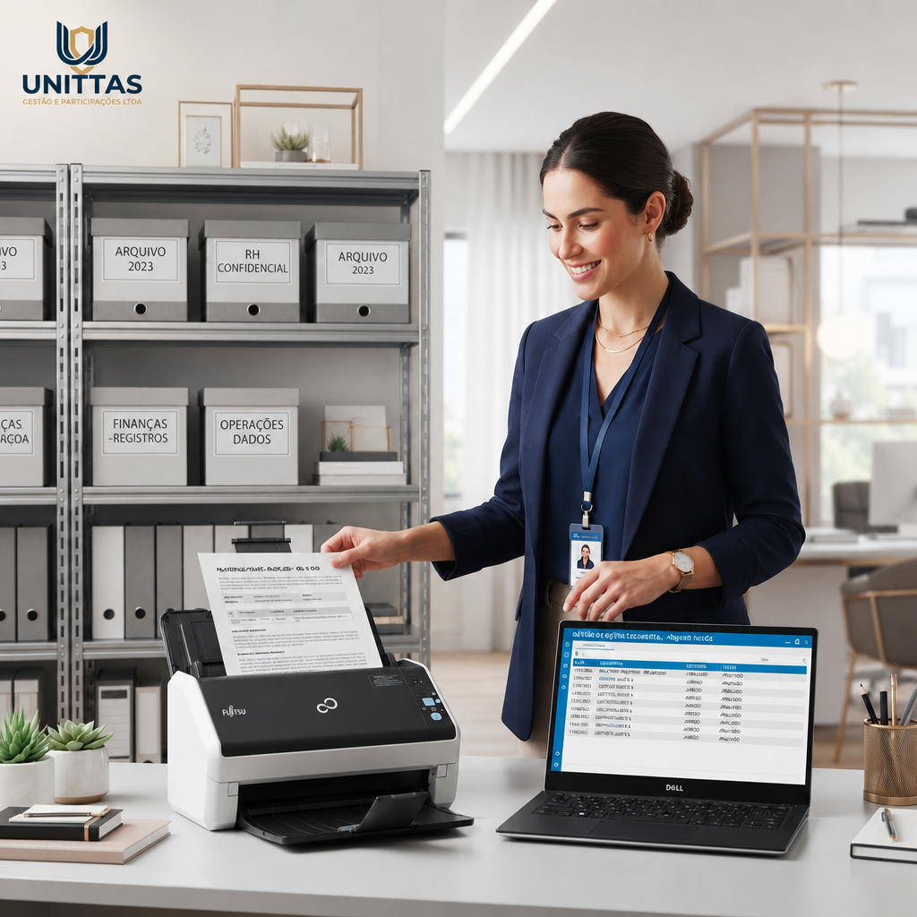 Equipe Unittas organizando e digitalizando documentos na prática